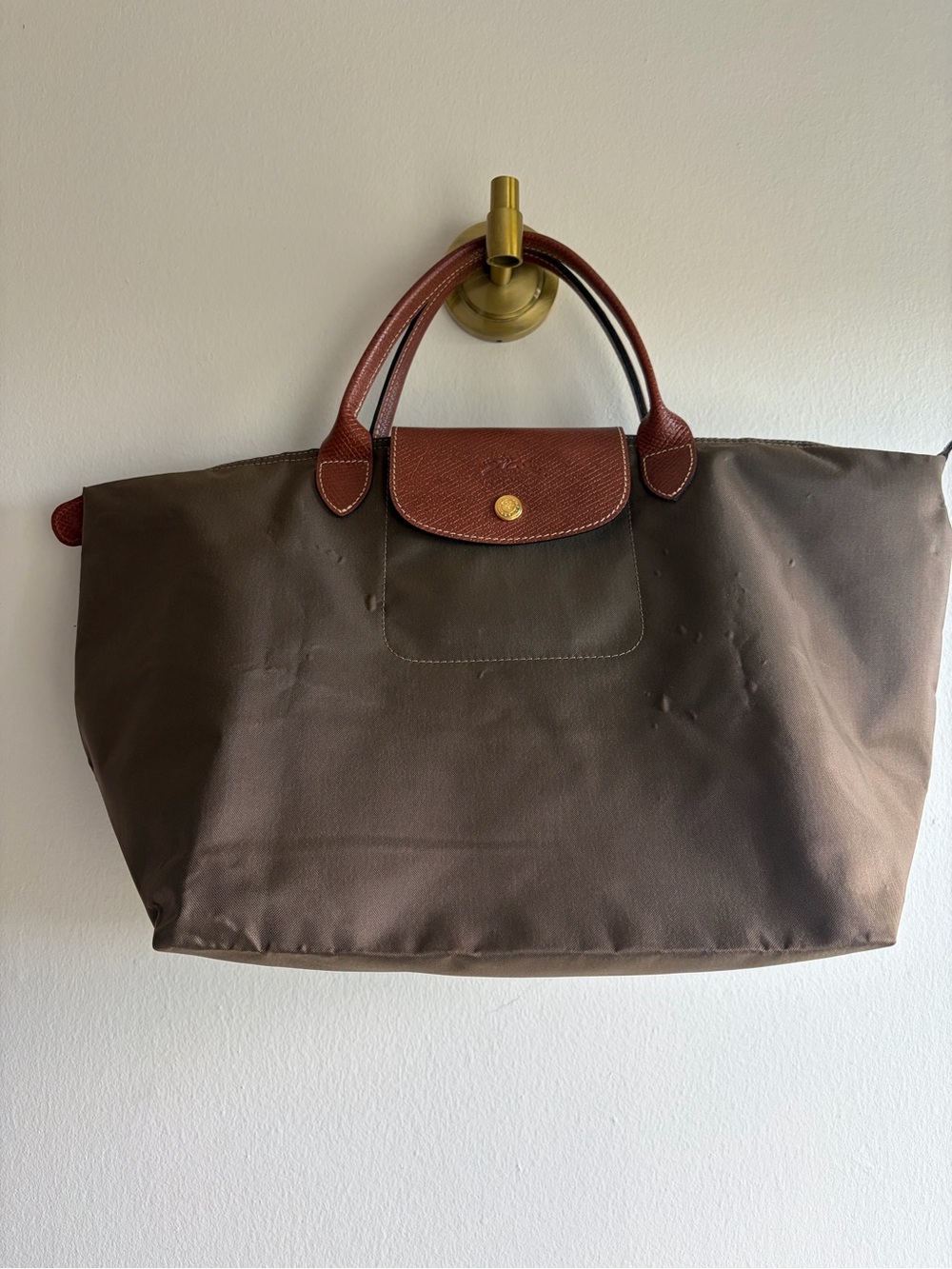 Longchamp Large Taupe Tote with Short Cognac Leather Handles